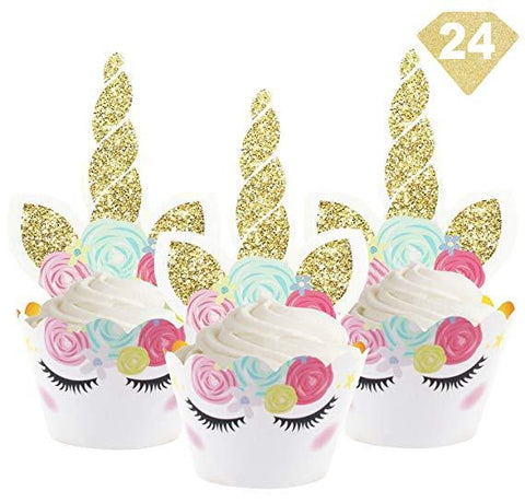 UNICORN MAGIC Unicorn Cupcake Toppers Wrappers - Golden and Rainbow Colors - Kids and Girls Birthday Party